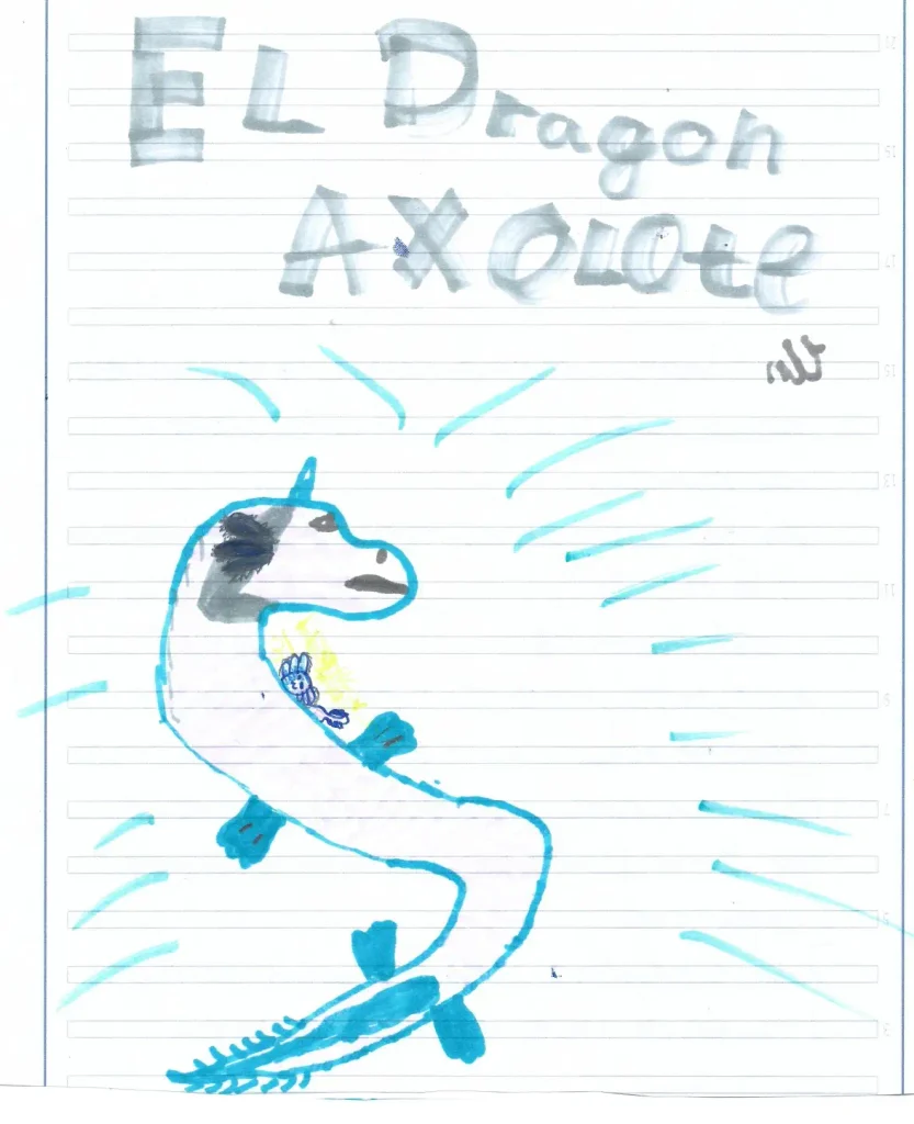 Dragón blanco con un cuerno y un pequeño ajolote sobre su espalda
